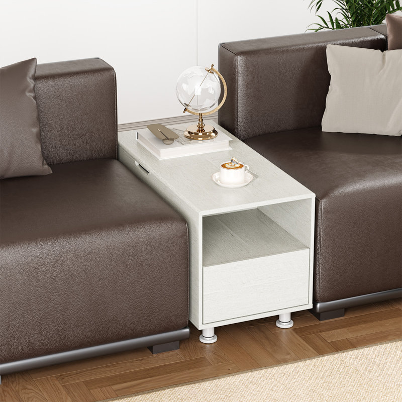 Table de bout étroite 32 po avec tiroir, tablette ouverte et rangement dissimulé pour canapés modulaires, Blanc