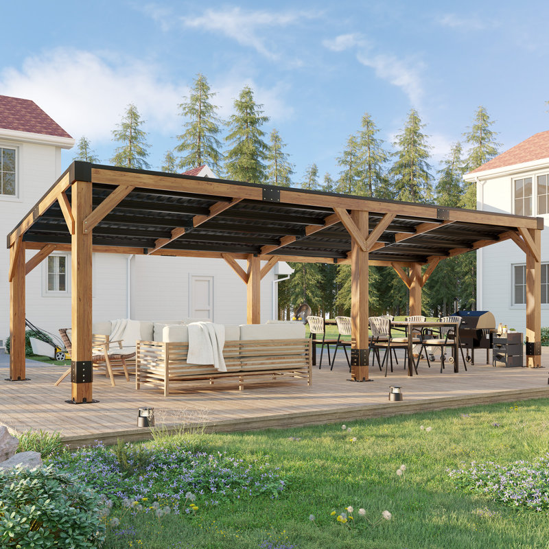 Classic 10 X 20 Ft Large Spruce Wood Gazebo With Sloped Roof & Metal Hardtop