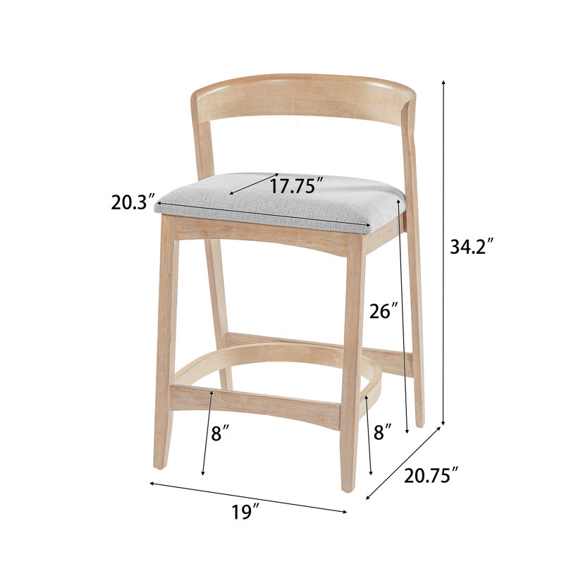 Avon Mid-Century Modern Wooden Counter Stools with Curved Back and Upholstered Seat, Beige Cushion/Natural Frame