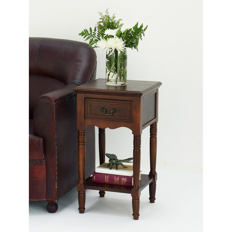 Antiqued Dark Brown Solid Wood Nightstand with 1 Drawer