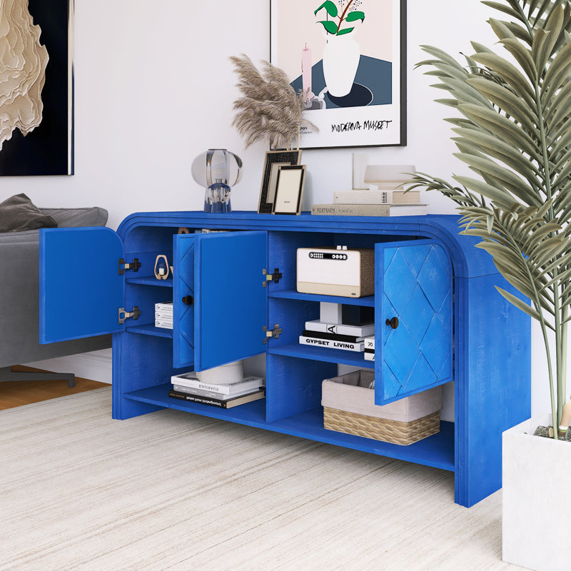 59.80 Inch Wood Sideboard With Woven Wood Slats And Solid Wood Veneer, Navy Blue