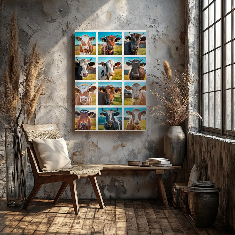 Art mural sur toile, "Collage éclatant de vaches variées dans une ferme", H 12 po x l 9 po