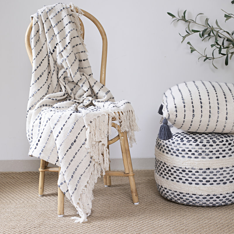 Deep Ombre Striped Handmade Woven Throw Blanket with Fringe, Black