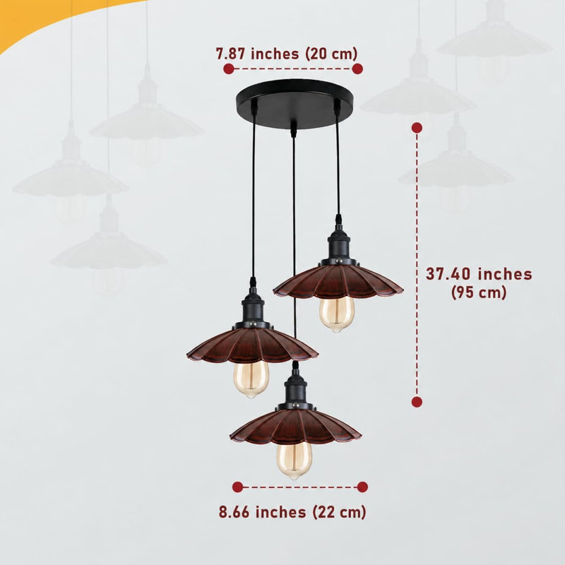 Luminaire suspendu à 3 lumières Farmhouse, plafonnier suspendu rétro industriel avec hauteur réglable, base Edison E26, abat-jour parasol, éclairage loft moderne pour îlot de cuisine avec ampoule