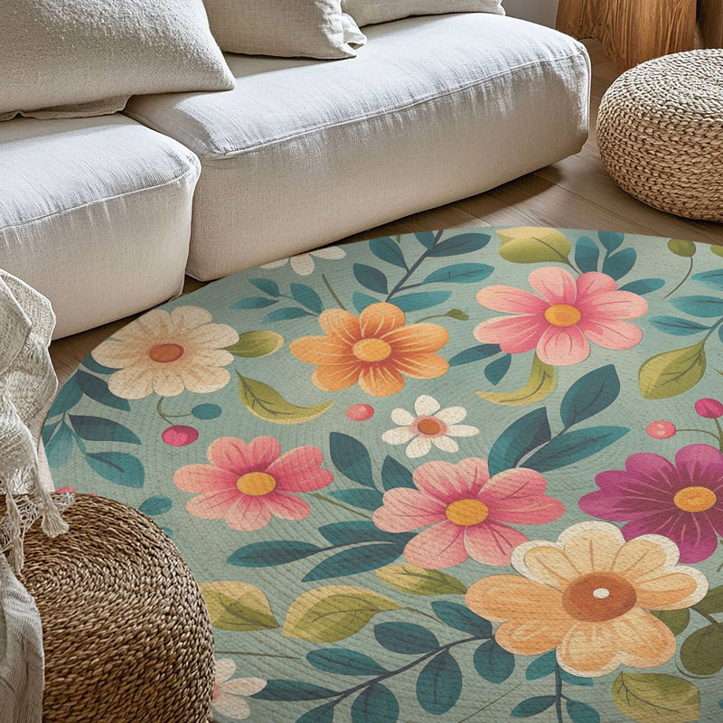 Tapis tressé à motif de pétales de jardin Springtime, Rond 5 pi