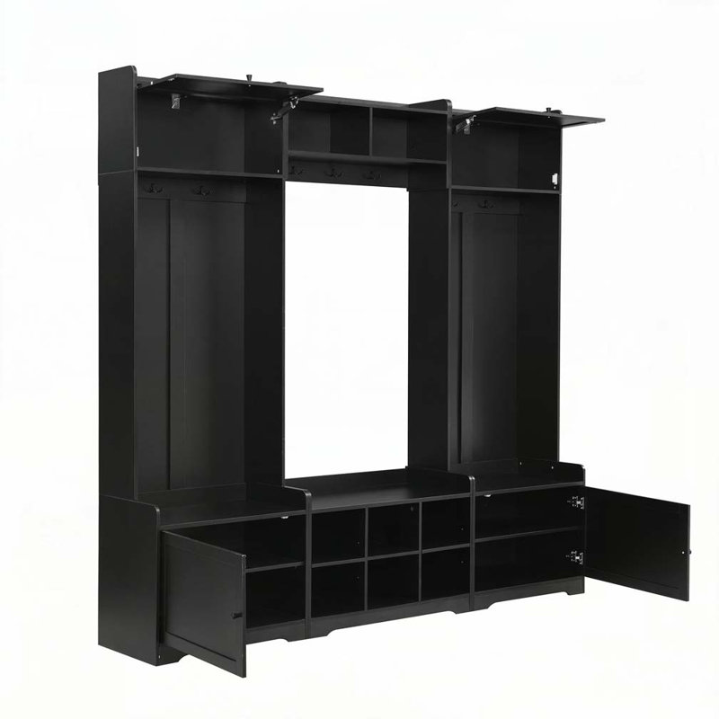 79.1"Wide Modern Hall Tree with Shoe Storage, 8 Cubbies, 7 Coat Hooks & Adjustable Shelf, Black