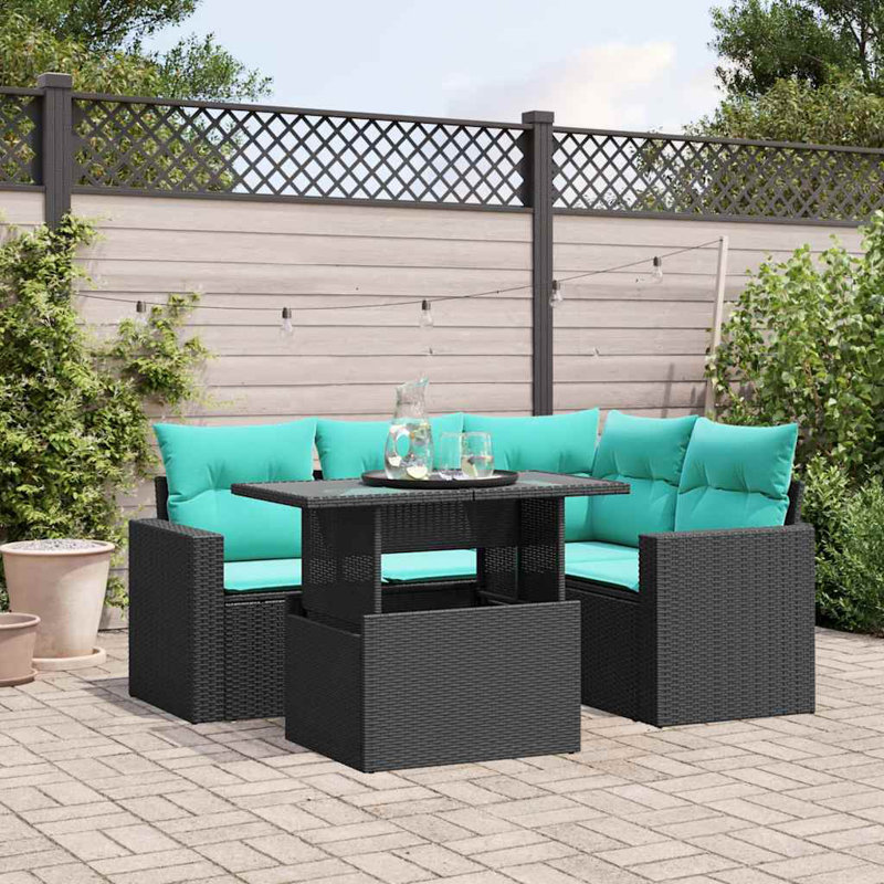Ensemble de canapé de patio 5 pièces avec coussins en rotin de polyester, Bleu clair, Noir