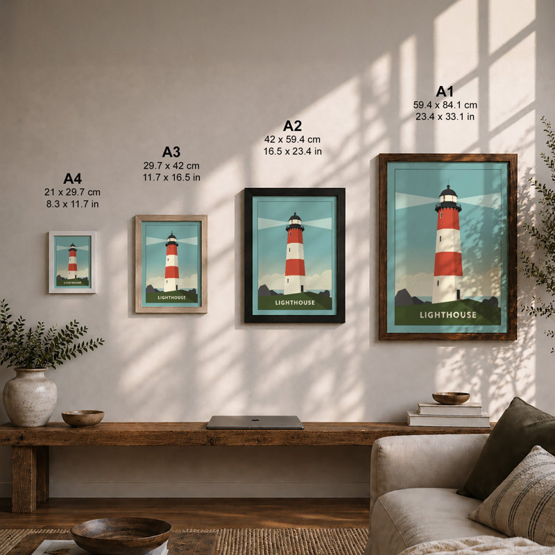 Iconic Lighthouse Retro - Framed Print, A2 - 59.4 x 42.0 cm, White