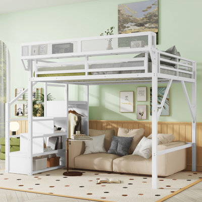 Grand lit mezzanine avec escalier, grand lit mezzanine en métal avec tablettes de rangement, lit mezzanine haut avec garde-robe pour enfants adolescents, blanc (date d’arrivée prévue: 2025/7/20)