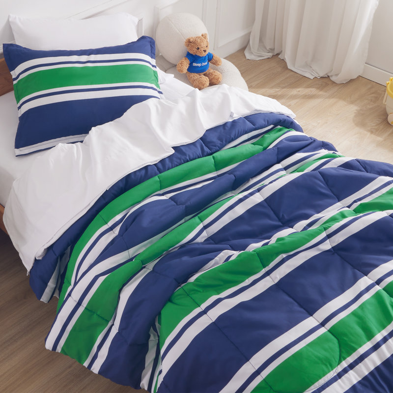 Kids Comforter Set, Brushed Microfiber Bedding Set with Pillow Shams, All-Season, Twin/Twin XL, Navy Blue & Green