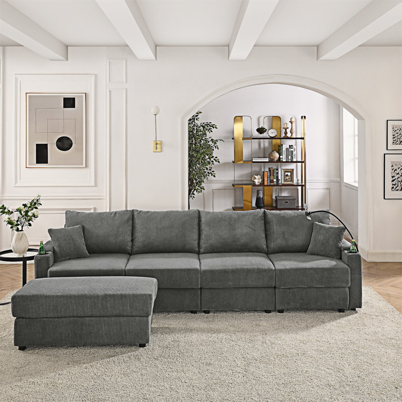 Canapé avec repose-pieds, porte-gobelets et porte-téléphone, H 34,02 po x l 132,02 po x P 35,42 po, Velours côtelé gris