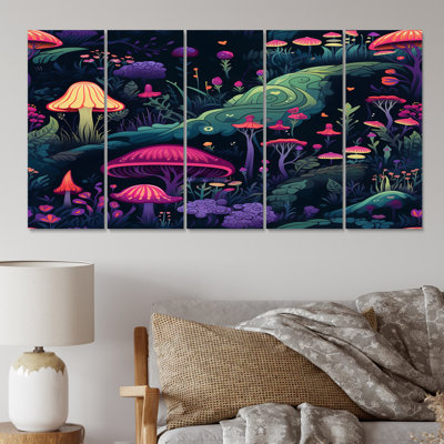 Magical Mushrooms Enchanted Forest I - Mushroom Wall Decor - 5 Equal Panels