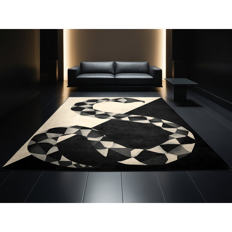 Machine Washable Pavnesh Snake Modern Geometric Rug in Black – Black Binding, 2x5