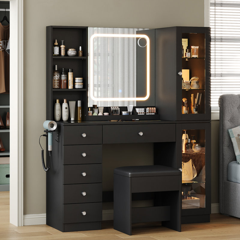 Dressing Table with LED Mirror, 6 Drawers, 2 Cabinets and 3 Open Shelves, Power Outlet, Glass Top, Black