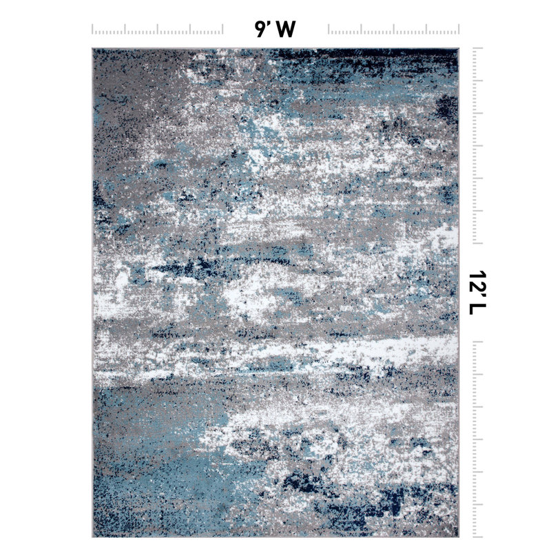 Willington Abstract Gray/Blue Rug, Rectangle 9' x 12'