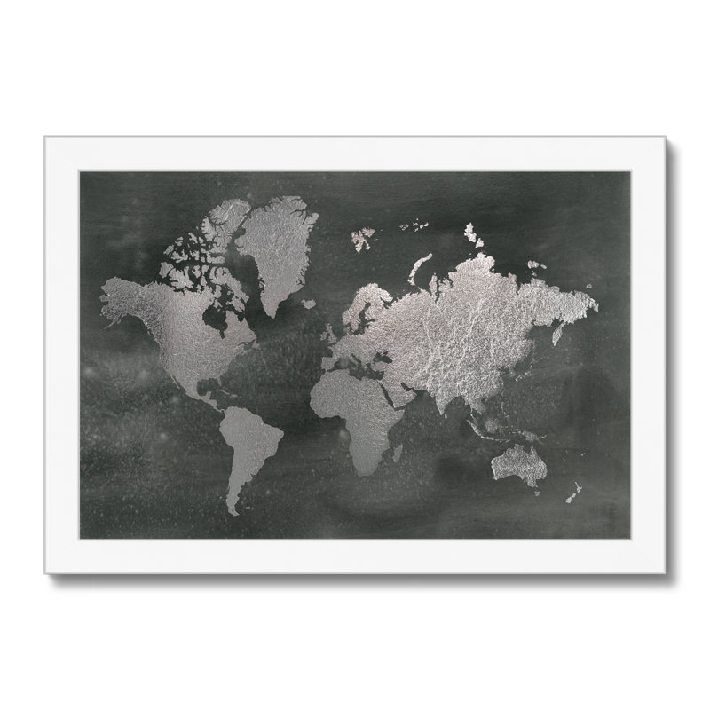 Large Silver World Map On Black Wash by Jennifer Goldberger - Painting, 24cm H x 34cm W, White Framed Paper Print