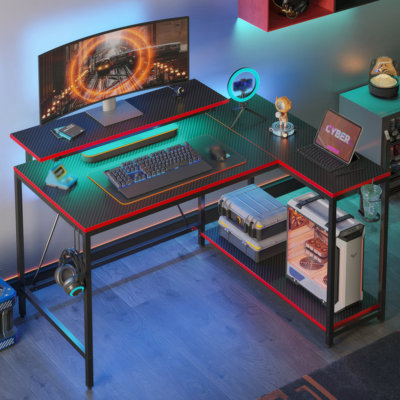 106cm Reversible L-Shaped LED Gaming Desk - Carbon Fiber with Monitor Stand & Headset Hooks