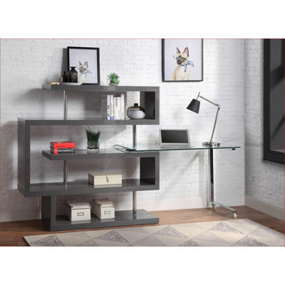 Bureaux, bureau d'écriture moderne en L extensible avec pivot à 360 °, 4 tablettes, verre trempé, chrome | Bois synthétique | Gris