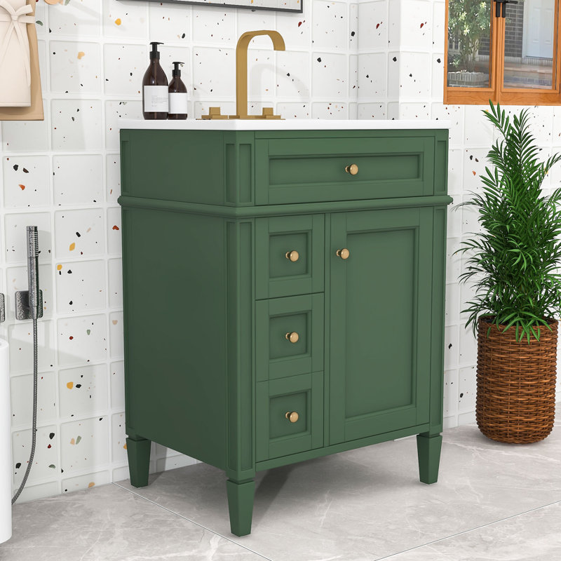 Meuble-lavabo de 24 po avec lavabo supérieur en céramique, armoire de rangement avec 3 tiroirs et tablette réglable, Green