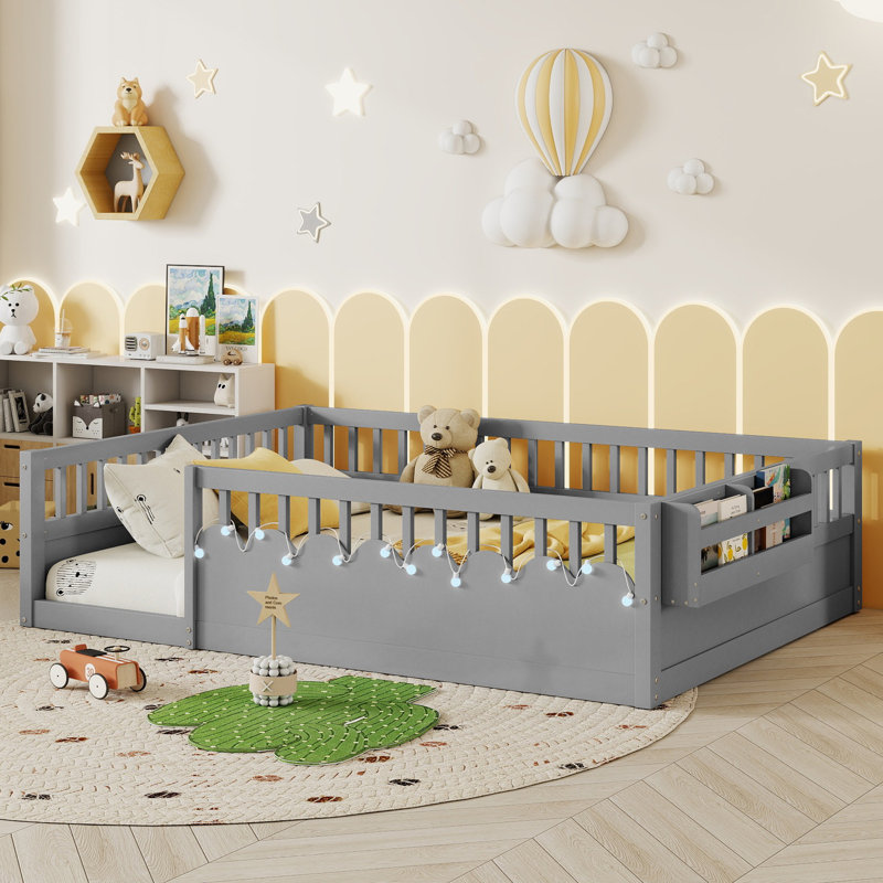 Lit de sol Rivvi Montessori avec garde-corps élevés, lumière DEL et tablette de rangement, Gris, Double
