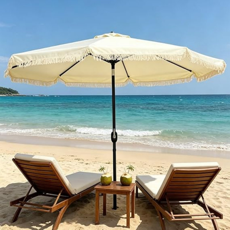 Parasol de marché pour terrasse à franges de 9 pi avec manivelle et bouton-poussoir inclinable à 45 °, 8 parasols en acier pour table d'extérieur, auvent en polyester résistant aux intempéries pour terrasse de jardin