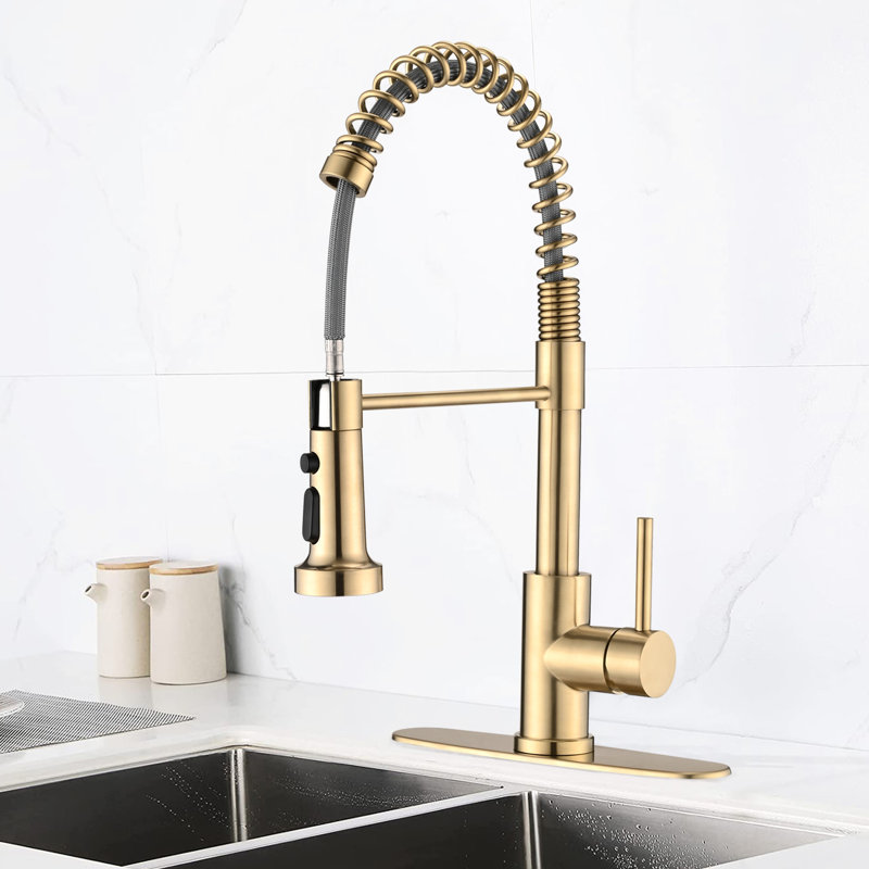 Robinet rétractable d'évier de cuisine en or brossé - Acier inoxydable, bec de 4,72 po de hauteur, bouton de pause de débit de 1,8 gal / min,