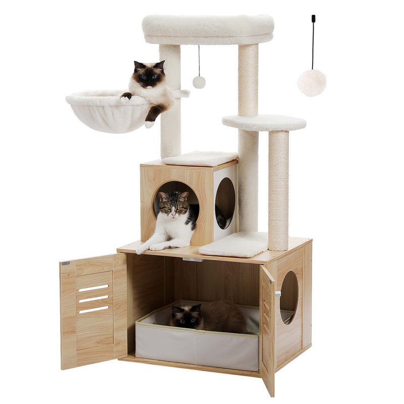 Beige 50" Modern Wood Cat Condo with Foldable Litter Box