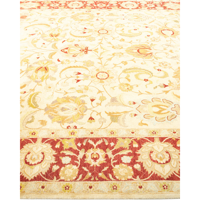 Tapis ivoire / orange en laine noué à la main de conception unique 7 pi 10 po x 10 pi 5 po Keenan