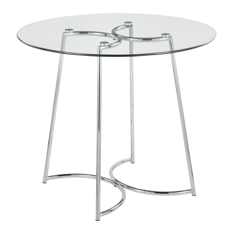Table de salle à manger contemporaine en chrome avec plateau en verre transparent