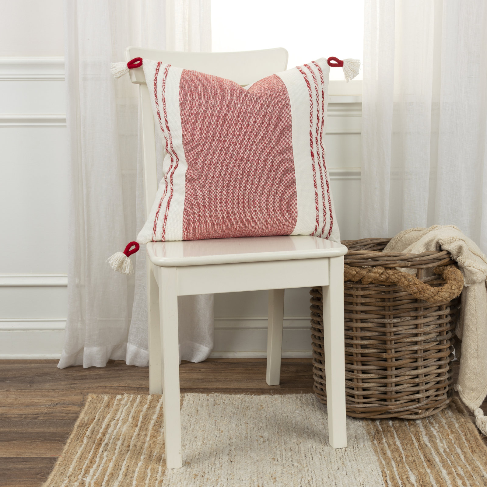 Arnell 100% Cotton Throw Square Throw Pillow, Red/White
