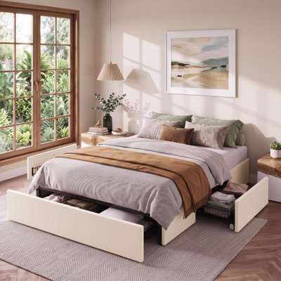 Full Size Platform Bed Frame with 3 Storage Drawers, White | Fabric Upholstered No Headboard, Wooden Slats Support, No Box Spring Needed, Noise Free, Easy Assembly