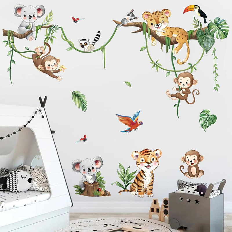 Adhésifs muraux - thème animalier de la jungle - motif safari, motif de branche d'arbre, autocollants muraux en vinyle