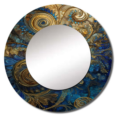 Pratha Blue And Gold Melodies Of Boho II - Boho Feather Decorative Wall Mirror, Blue Mirror, Printed Metal Art