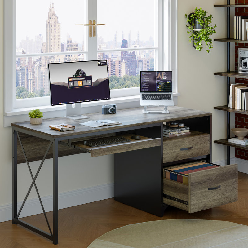 Bureau d'écriture avec plateau pour clavier Labelle, Gris rétro / chêne foncé