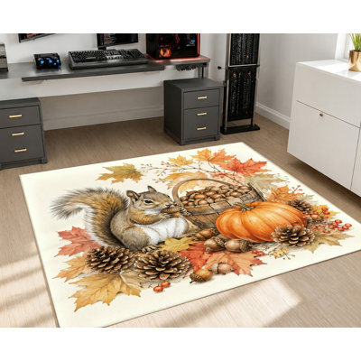 Tapis d'intérieur à motif d'écureuils mangeant des glands, avec citrouilles et feuilles d'érable. Surface en velours, antidérapant. Décor idéal pour le salon, la chambre à coucher, la cuisine ou un appartement.