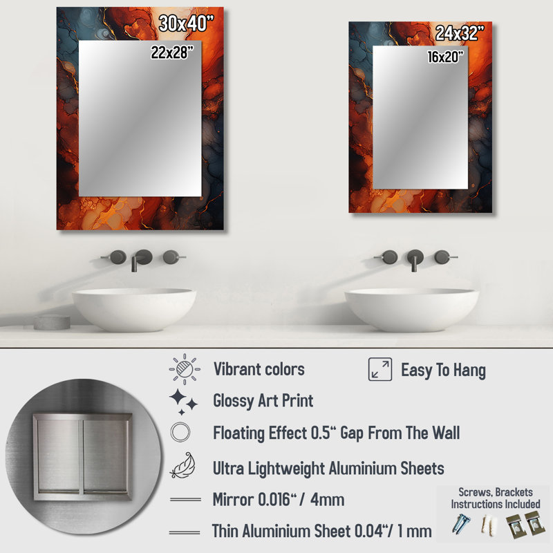 Molten Muse Fiery Flame I - miroir décoratif à encre liquide, grand miroir mural orange, impression d'art en métal, 32" x 24"