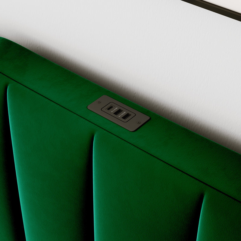 Modern Velvet Upholstered Platform Bed With Curved Headboard,Charging Station, Dark Green, Queen