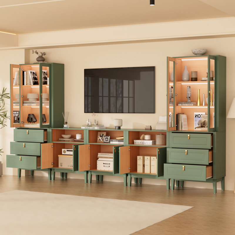 Entertainment Center With Display Cabinets And Integrated LED Lighting,Soft Close Glass Doors,Green, Green