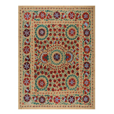 91x98 in Vintage Silk Hand Embroidery Bed Cover. Suzani Wall Hanging