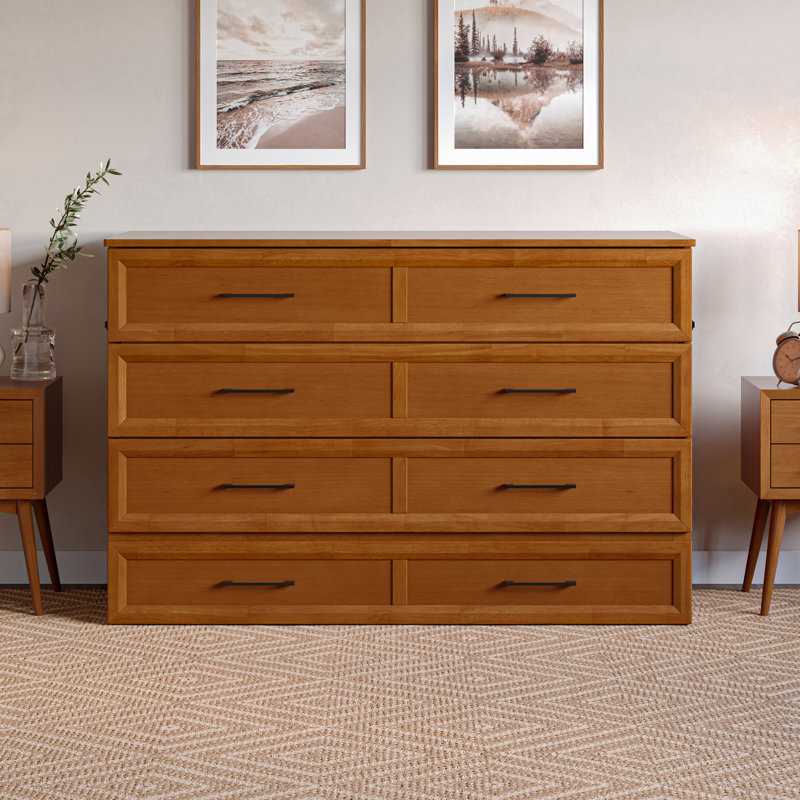 Tucson Wood Murphy Bed Chest with Storage Drawer, Built-in Charging station and Mattress, Light Toffee, Queen