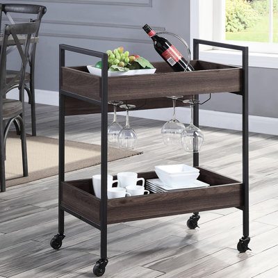 Petit chariot de service rectangulaire avec tablette à 2 niveaux, structure en métal noir et noyer, plateau en bois enduit, porte-gobelet pour la salle à manger