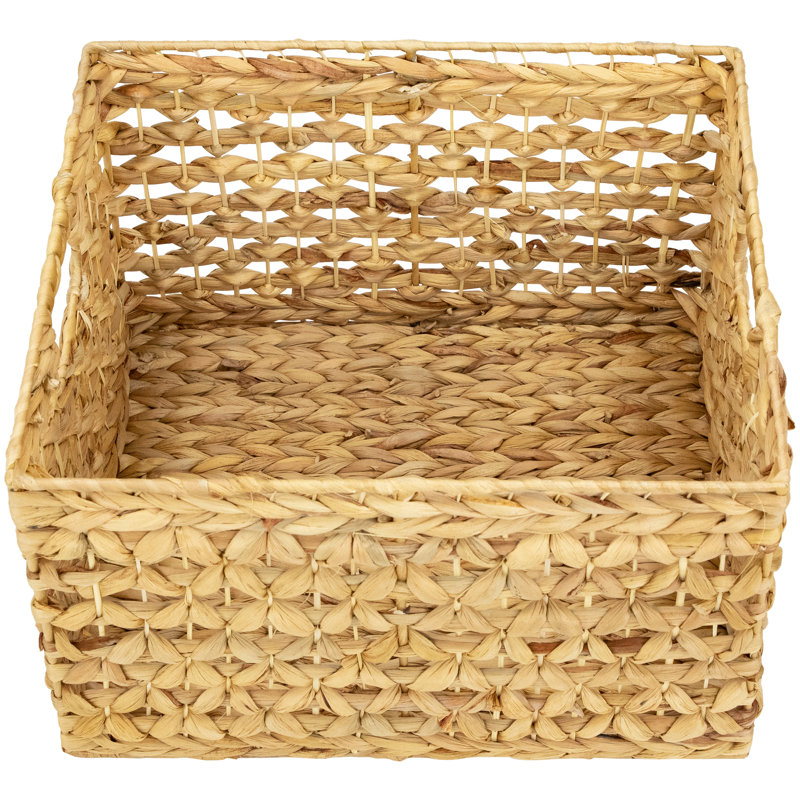 Set Of 3 Diamond Weave Rectangular Water Hyacinth Baskets With Handles 17.75"