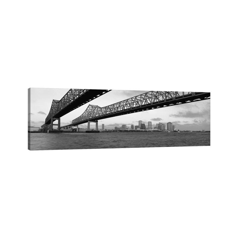 Nola Panoramic Skyline Cityscape (Black & White - BridgeSunset) - Wrapped Canvas Panoramic Print