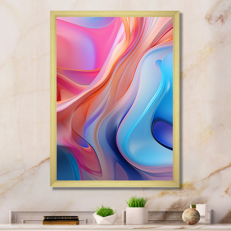Art mural sur toile abstrait transitionnel bleu et rose II, Cadre doré simple, H 20 po x l 12 po x P 1 po