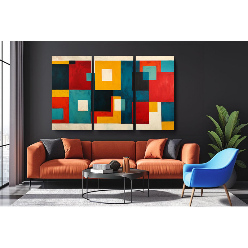 «Triptych Canvas Wall Art - Geomet Color Block Triptych Wall Art», reproduction d'art, H 24 po x l 48 po