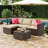 Versatile 5-Piece Outdoor Patio Furniture Set – All-Weather Brown Four-Line Rattan Sectional Sofa with Khaki Cushions, Red Pillows, Glass Coffee Table & Ottoman – For Garden, Backyard, Poolside – Brown four-line rattan + khaki cushion + red pillow-167960405-167960407