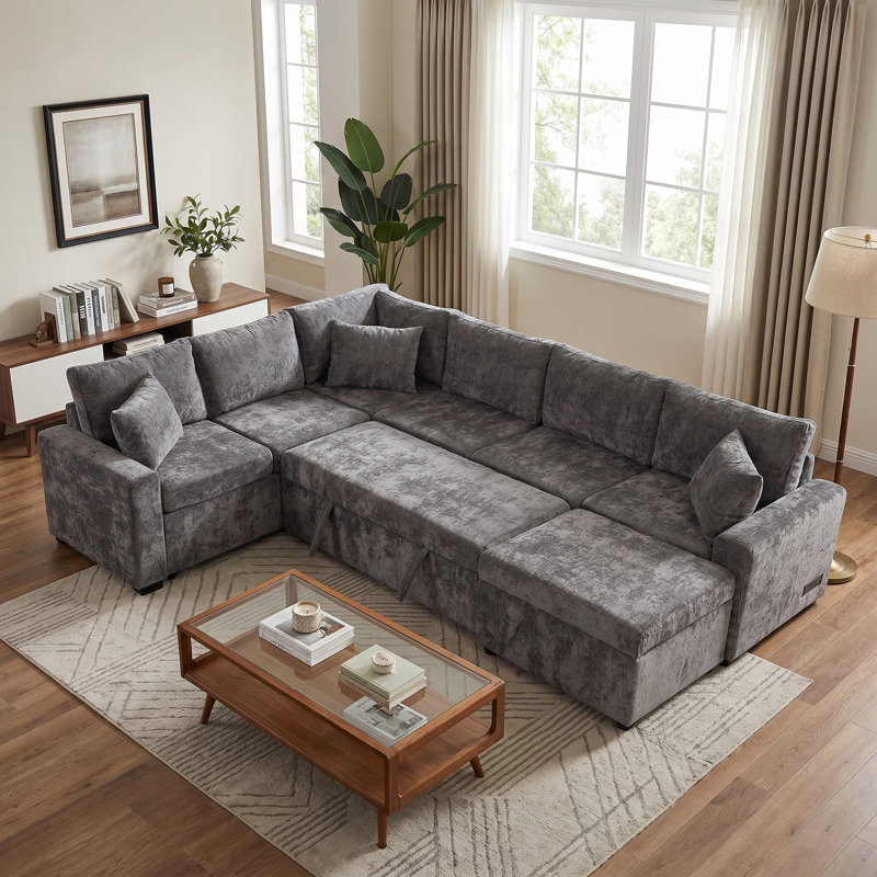 112.2"Chenille Pull Out Sofa Bed Sleeper Plush Cushions L-Shaped Grey