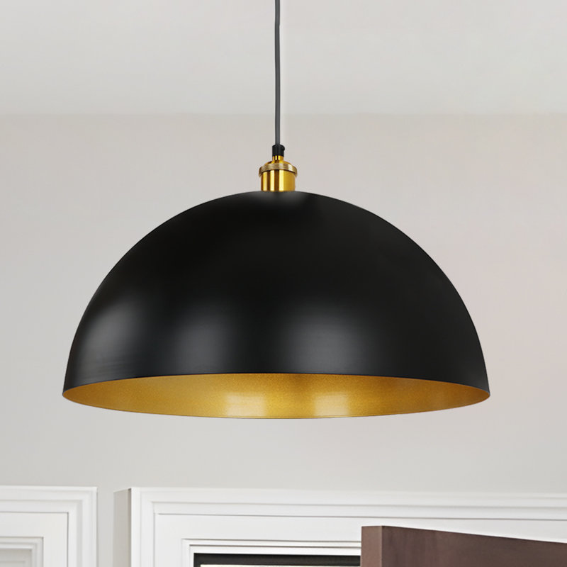 Luminaire suspendu de salle à manger industriel à dôme 1 lumière 17,7 po, Noir et or