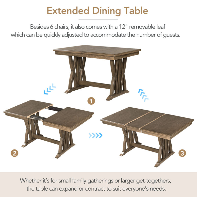 Mid-Century Solid Wood Extendable Dining Table Set with 6 Upholstered Chairs