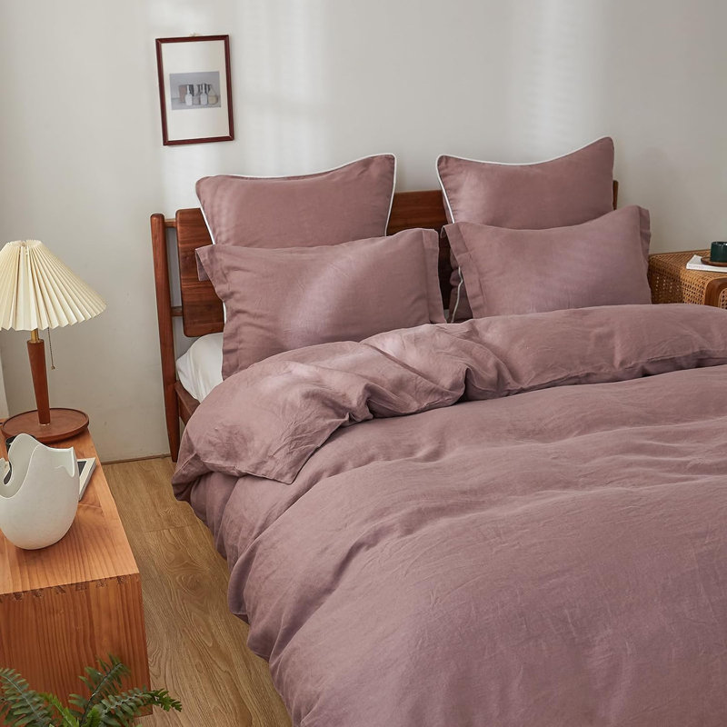 Ensemble de housse de couette 100% lin, Mauve, Housse de couette simple + 1 taie d'oreiller